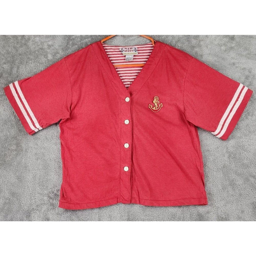 Jodie Arden Sleep Shirt Womens Medium Red Anchor Button Up Short Sleeve Vintage